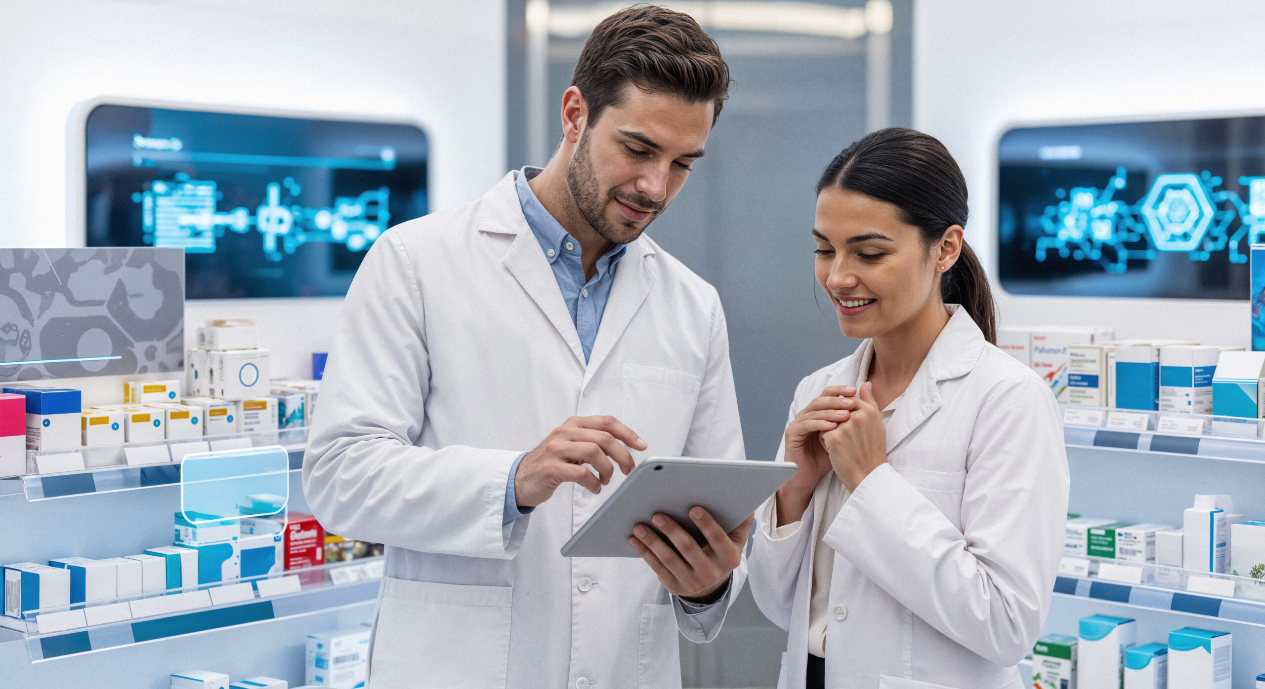 pharmacists collaborating modern pharmacy